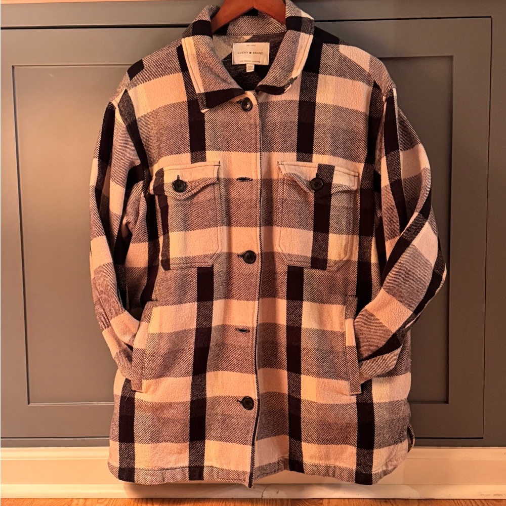 Lucky Brand Black and Cream Plaid Utility Jacket